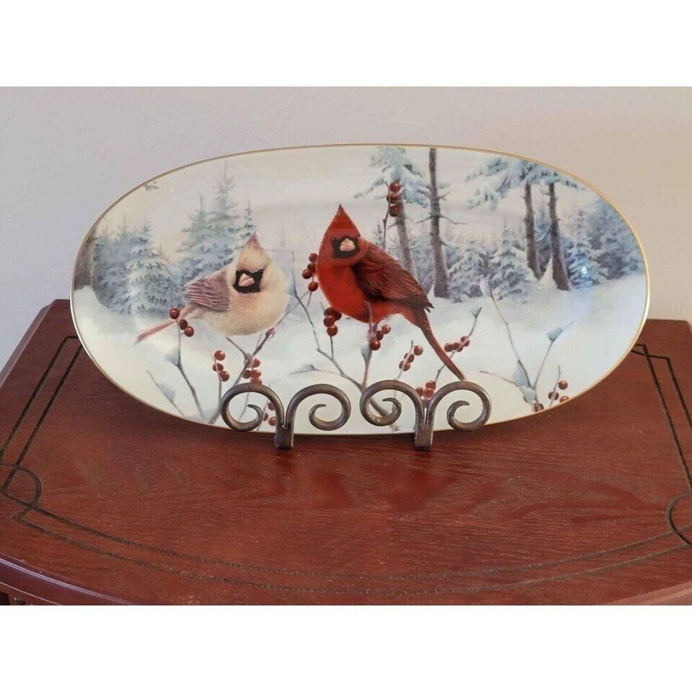 Lenox Winter Greetings Scenic Serving Platter Tray Gold Banded 14.25" Excellent